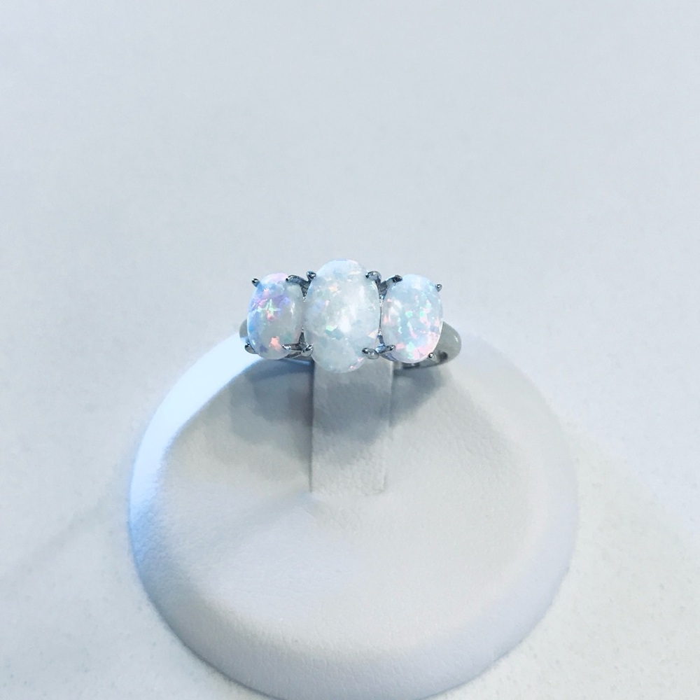 Sterling Silver Triple White Lab Opal Ring, Silver Rings, Stone Ring, Engagement